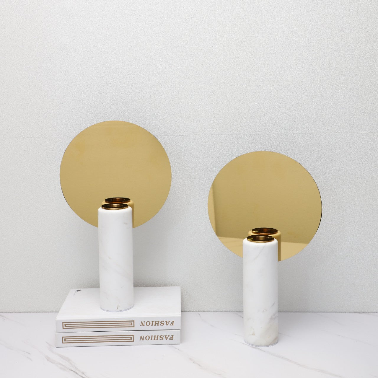 Sleek Gold Marble Metal Round Mirror Candle Holder — view 2