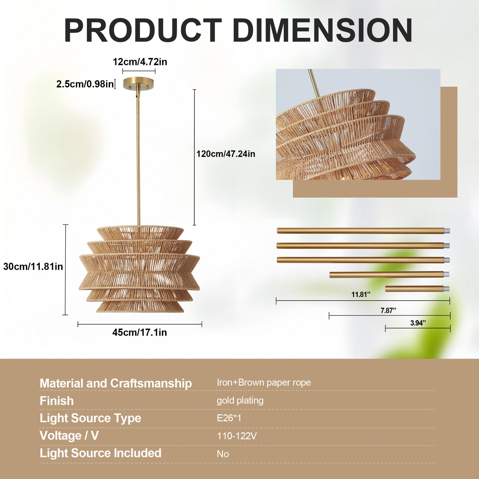 Brown Woven Rattan Pendant Light — 17.3-Inch Dining Accent — view 3