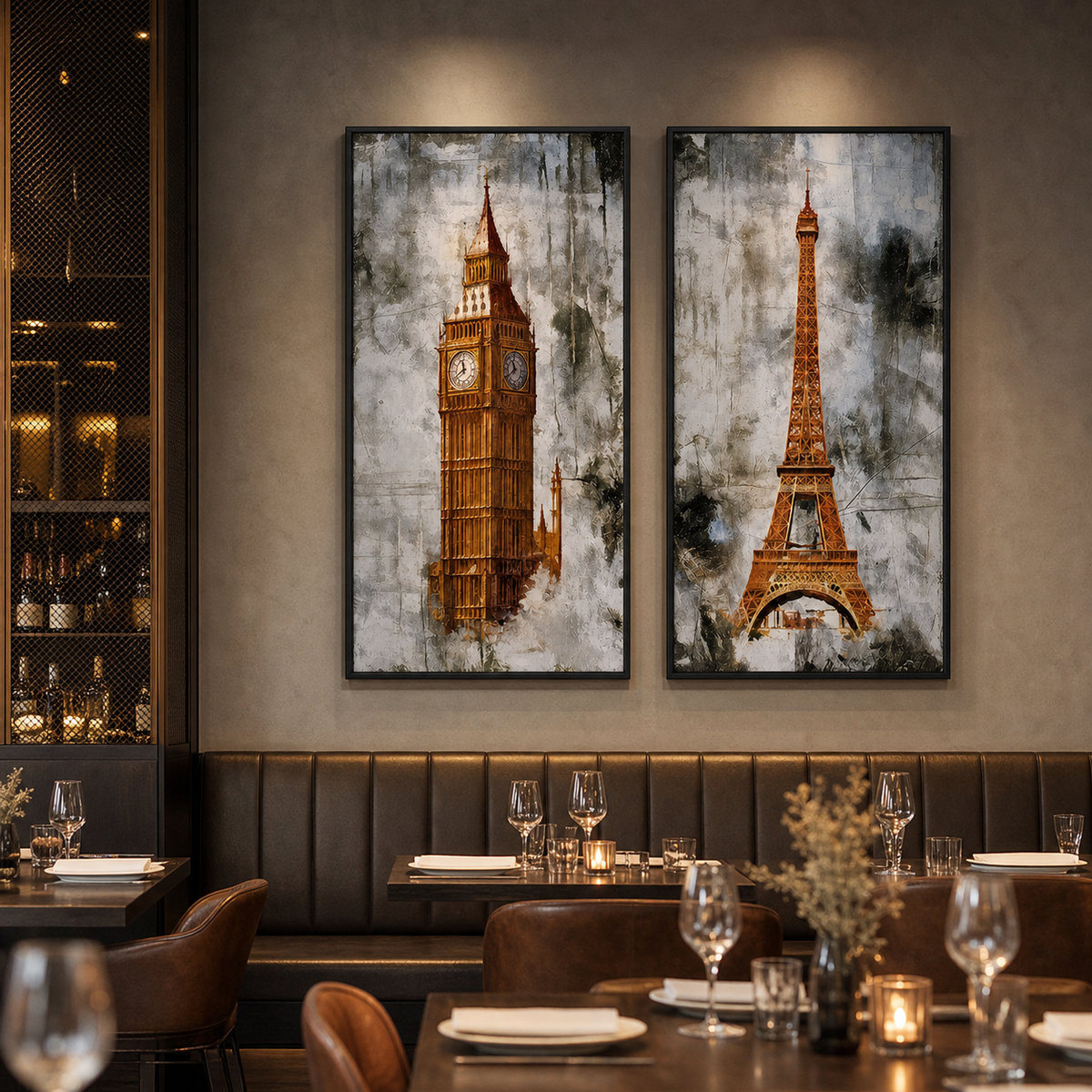 Resto Glow AI product image 2026-08-03 — restaurant view — Retro Golden Tower Restaurant Canvas Art