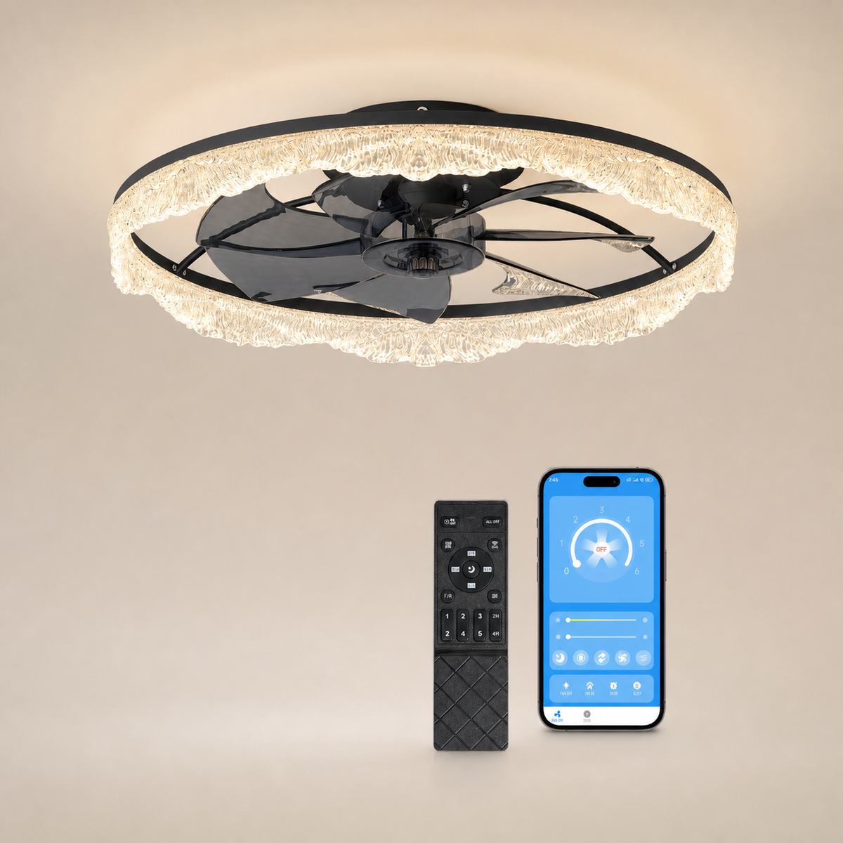 Resto Glow AI product image 2026-08-03 — clean background — Black 24-Inch Flush Ceiling Fan Light — Quiet Restaurant Dining