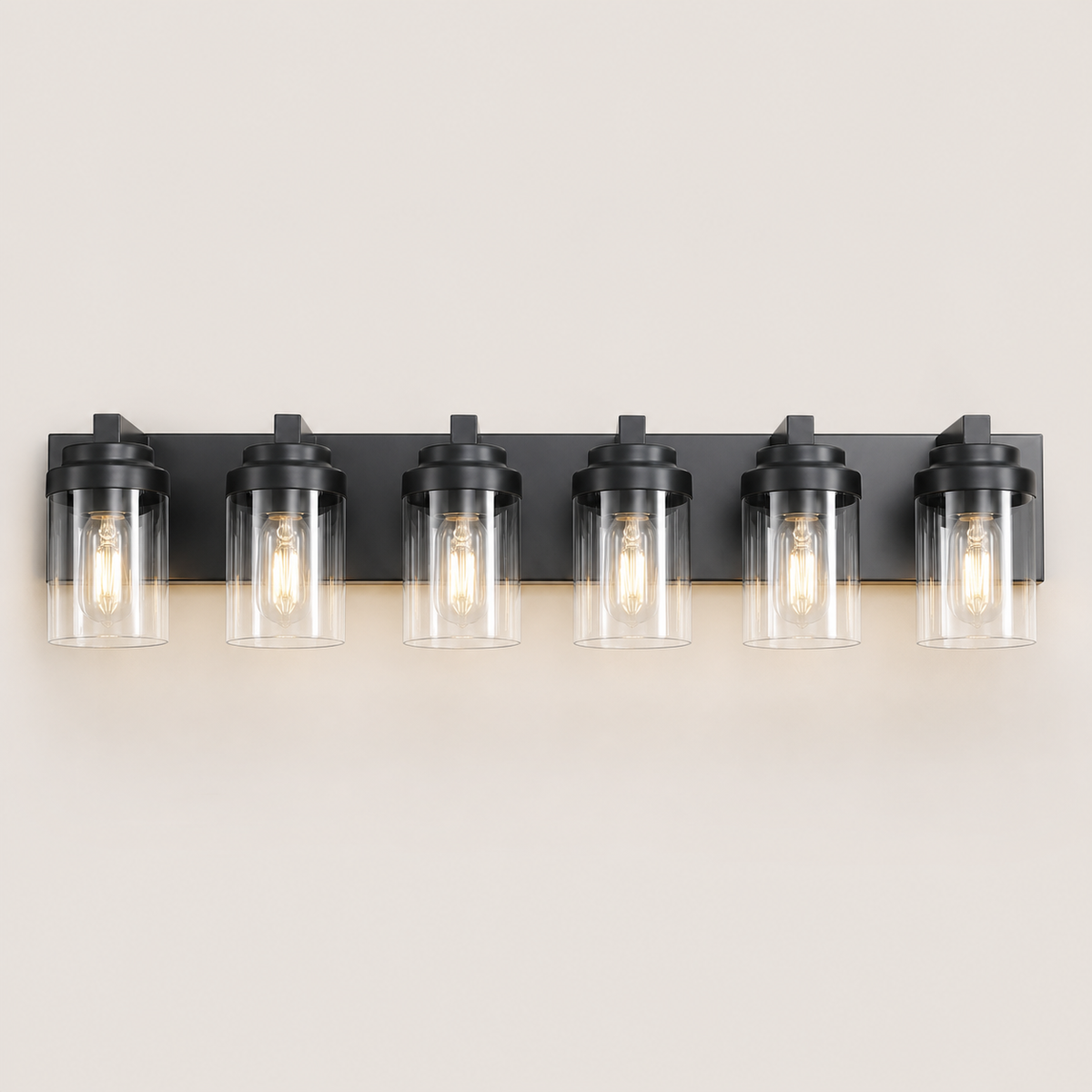 Resto Glow AI product image 2026-08-03 — clean background — Black 6-Light Clear-Glass Vanity Light — Restaurant Washroom