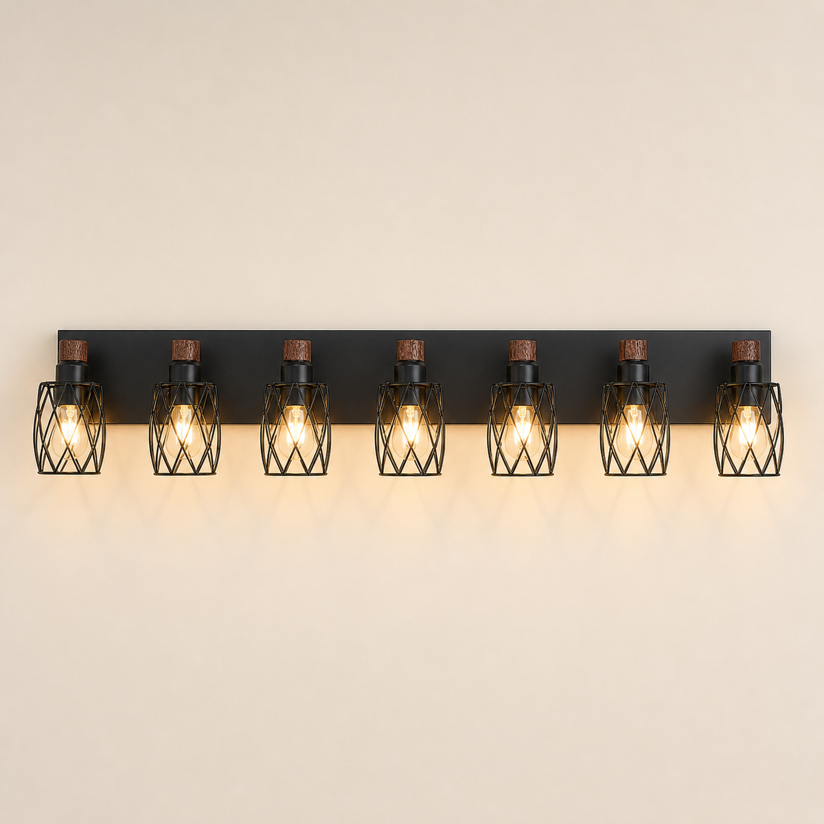 Resto Glow AI product image 2026-08-03 — clean background — Black Cage 7-Light Wall Sconce with Wood Accents for Restaurant Hallways