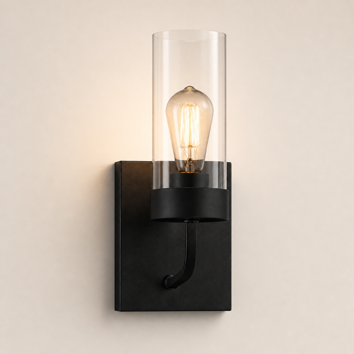 Resto Glow AI product image 2026-08-03 — clean background — Black Metal + Clear Glass Wall Sconce — Restaurant Corridor Light