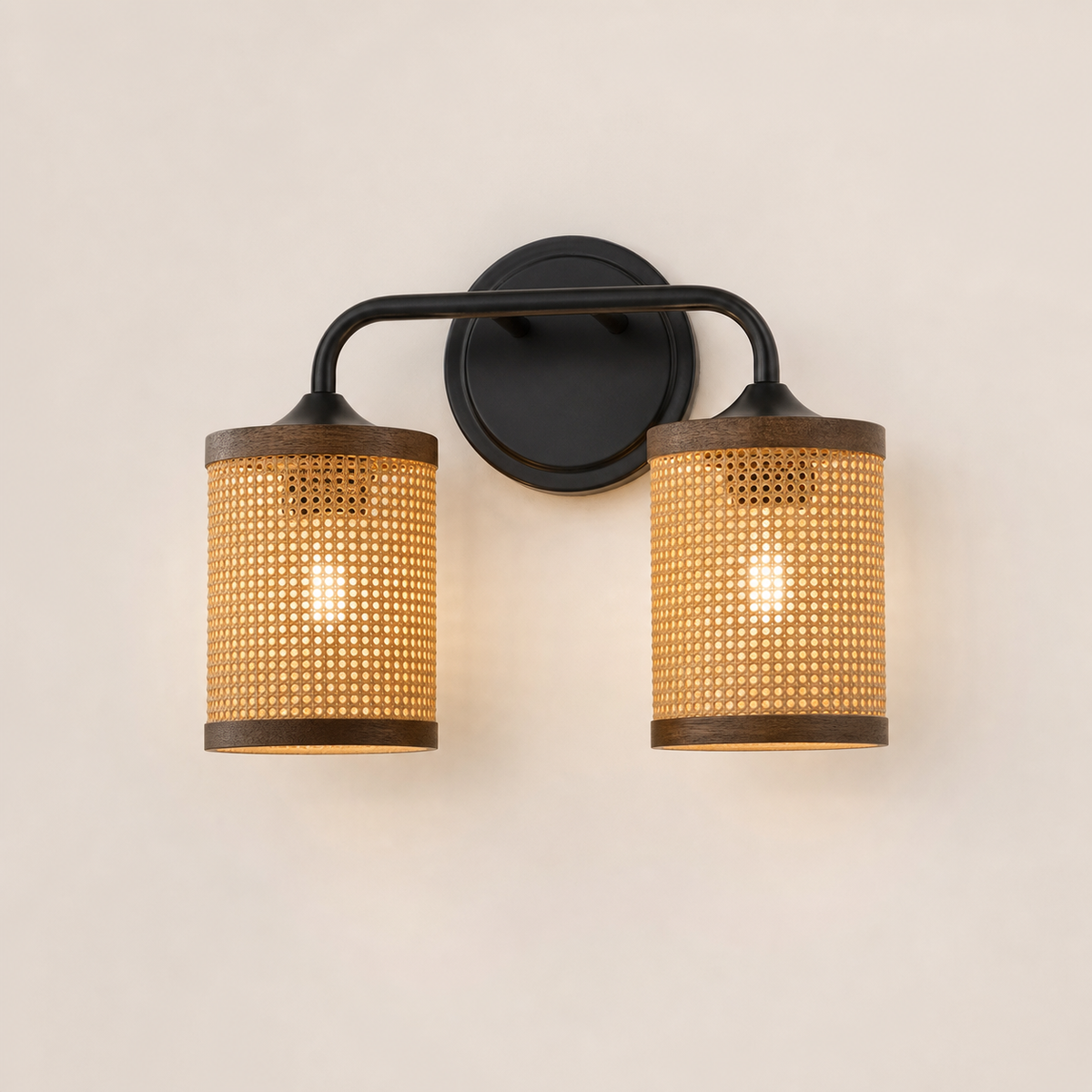 Resto Glow AI product image 2026-08-03 — clean background — Black Rattan Double-Light Wall Sconce for Restaurant Dining Areas