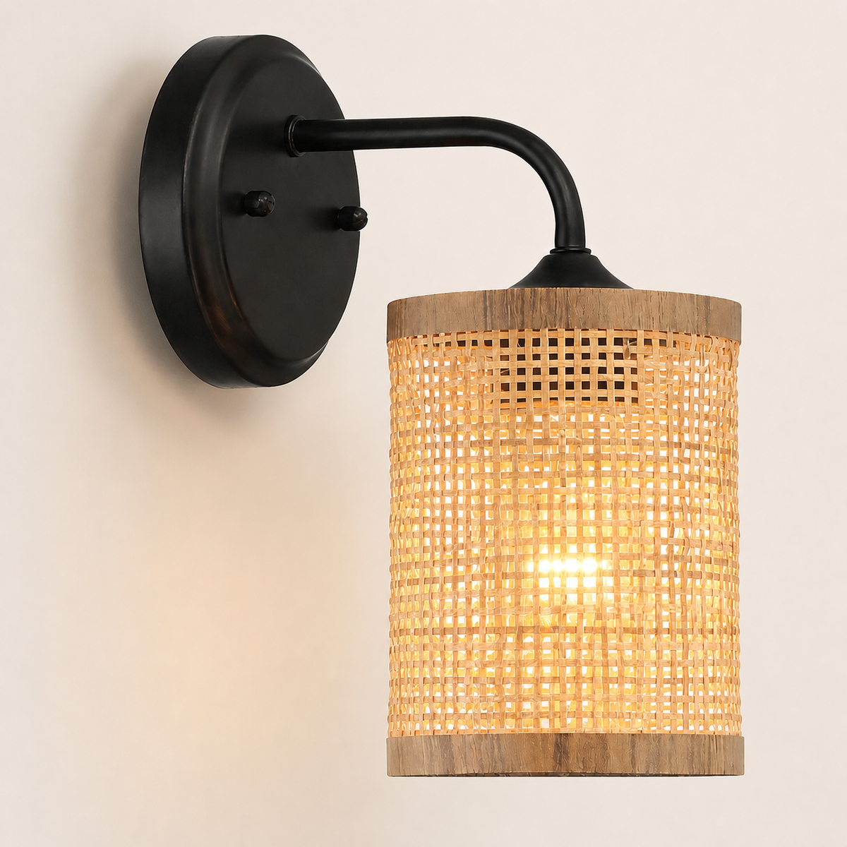 Resto Glow AI product image 2026-08-03 — clean background — Black Rattan Wall Sconce — Restaurant Accent