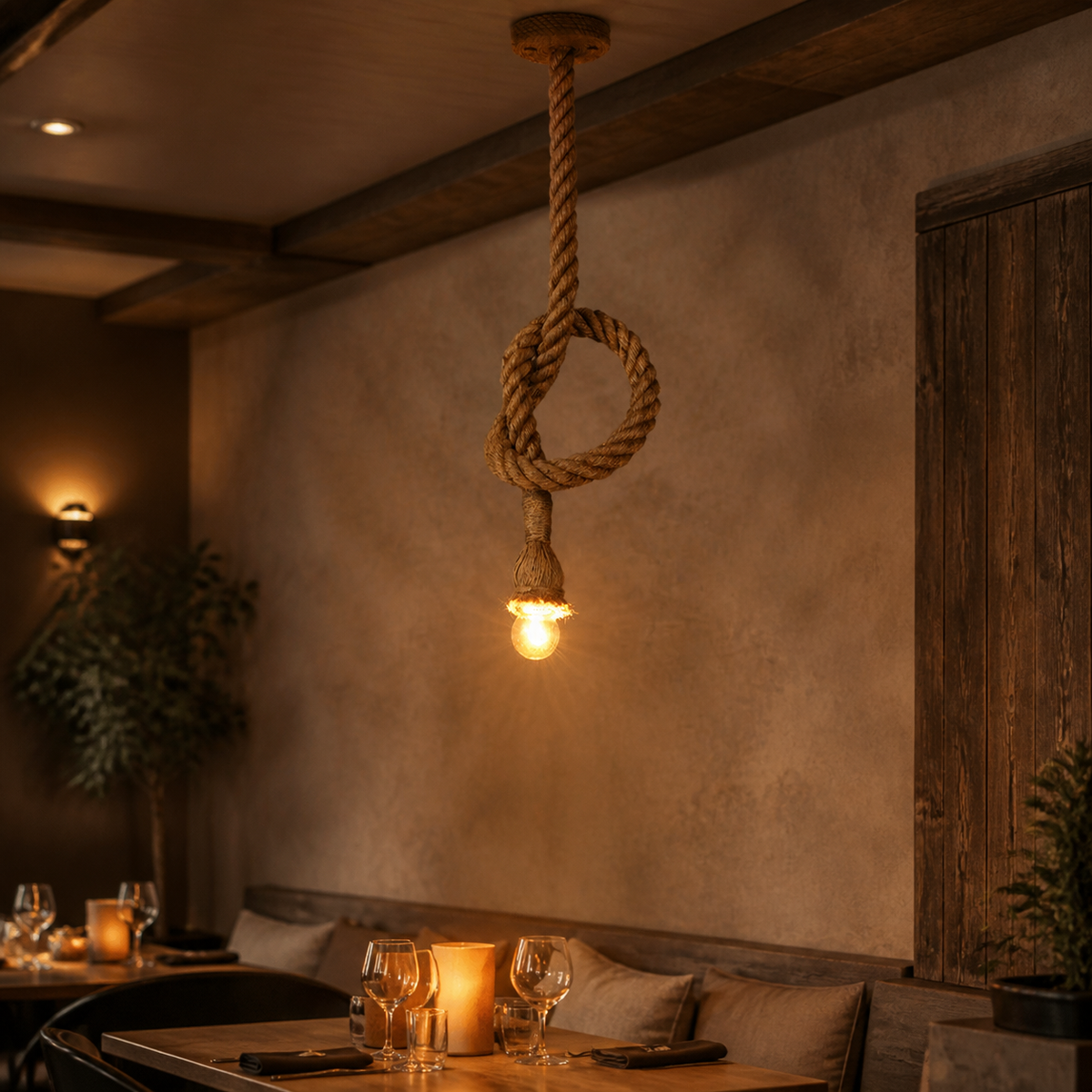 Resto Glow AI product image 2026-08-03 — restaurant view — Braided Hemp Rope Pendant Light for Restaurants and Cafés