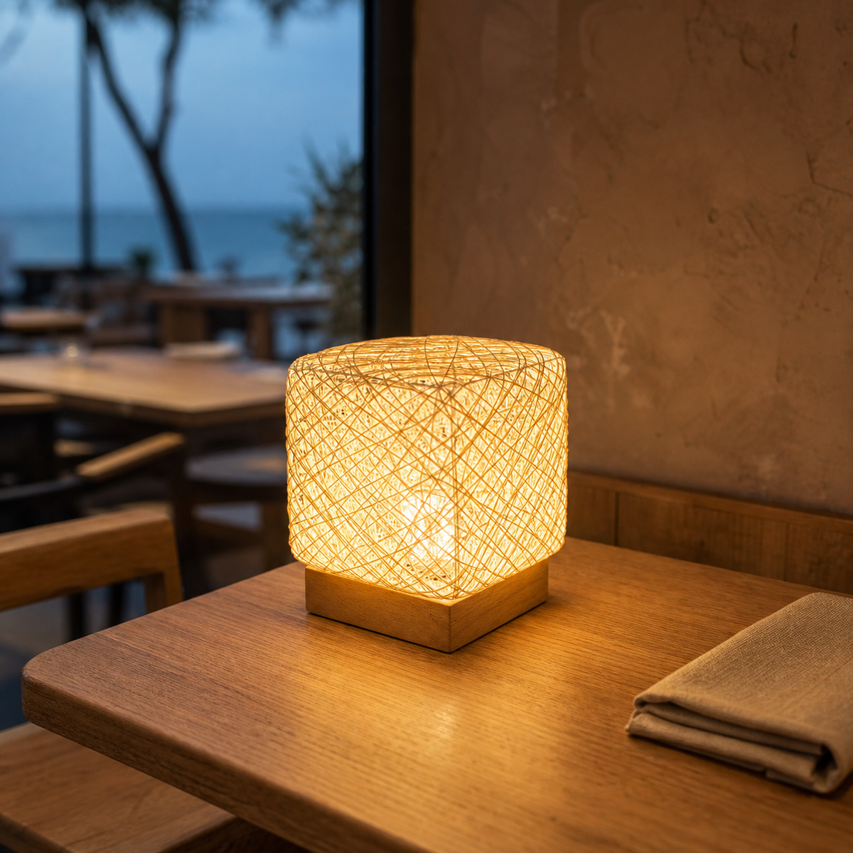 Resto Glow AI product image 2026-08-02 — restaurant view — Braided Rattan USB Table Lamp for Restaurant Tables