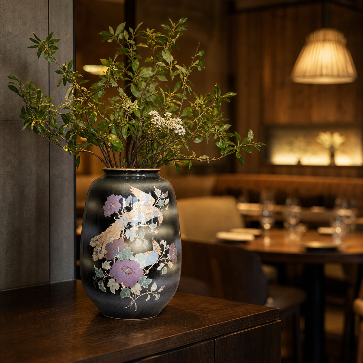 Resto Glow AI product image 2026-08-03 — restaurant view — Kutani-Style Restaurant Table Vase