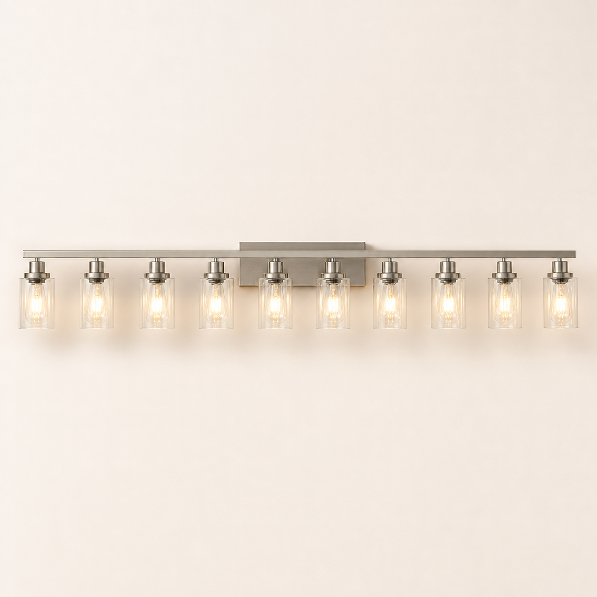 Resto Glow AI product image 2026-08-03 — clean background — Brushed-Nickel 10-Light Clear-Glass Vanity — Restaurant Washroom