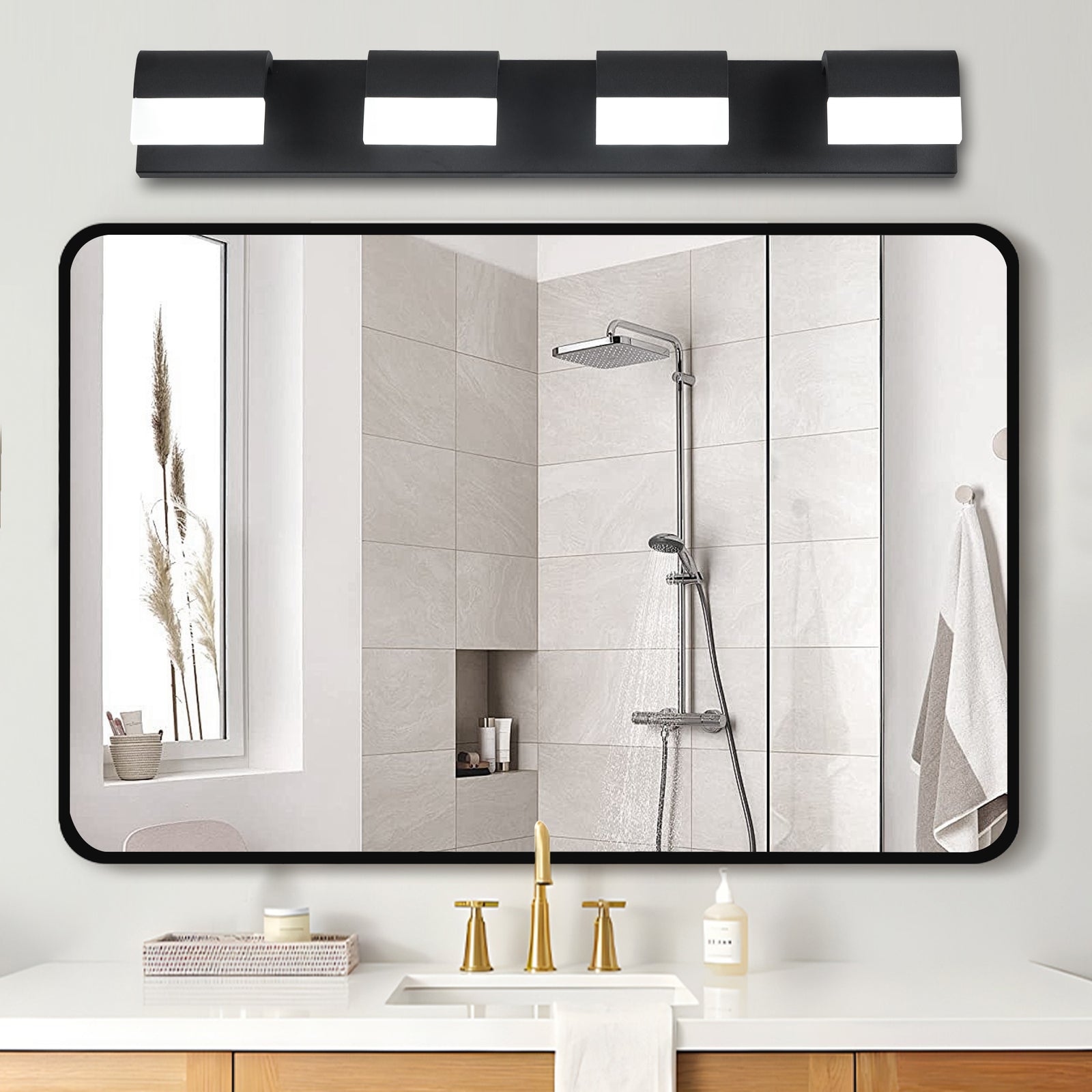 Matte Black 4-Light Acrylic Vanity — Restaurant Washroom — view 1