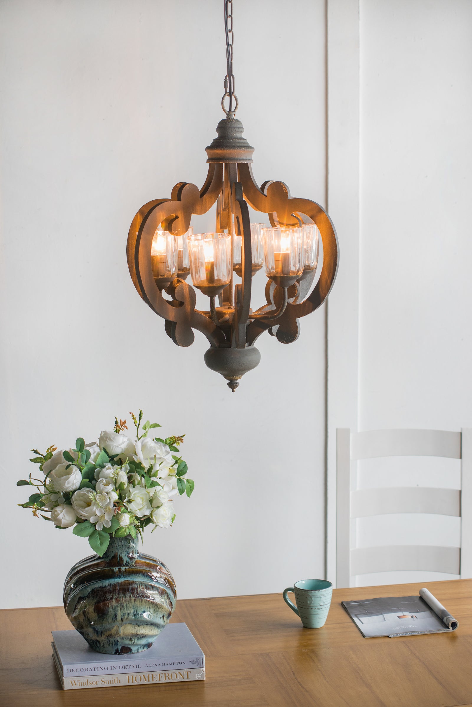6-Light Wood Farmhouse Chandelier with Adjustable Chain for Restaurant Dining Rooms — view 5
