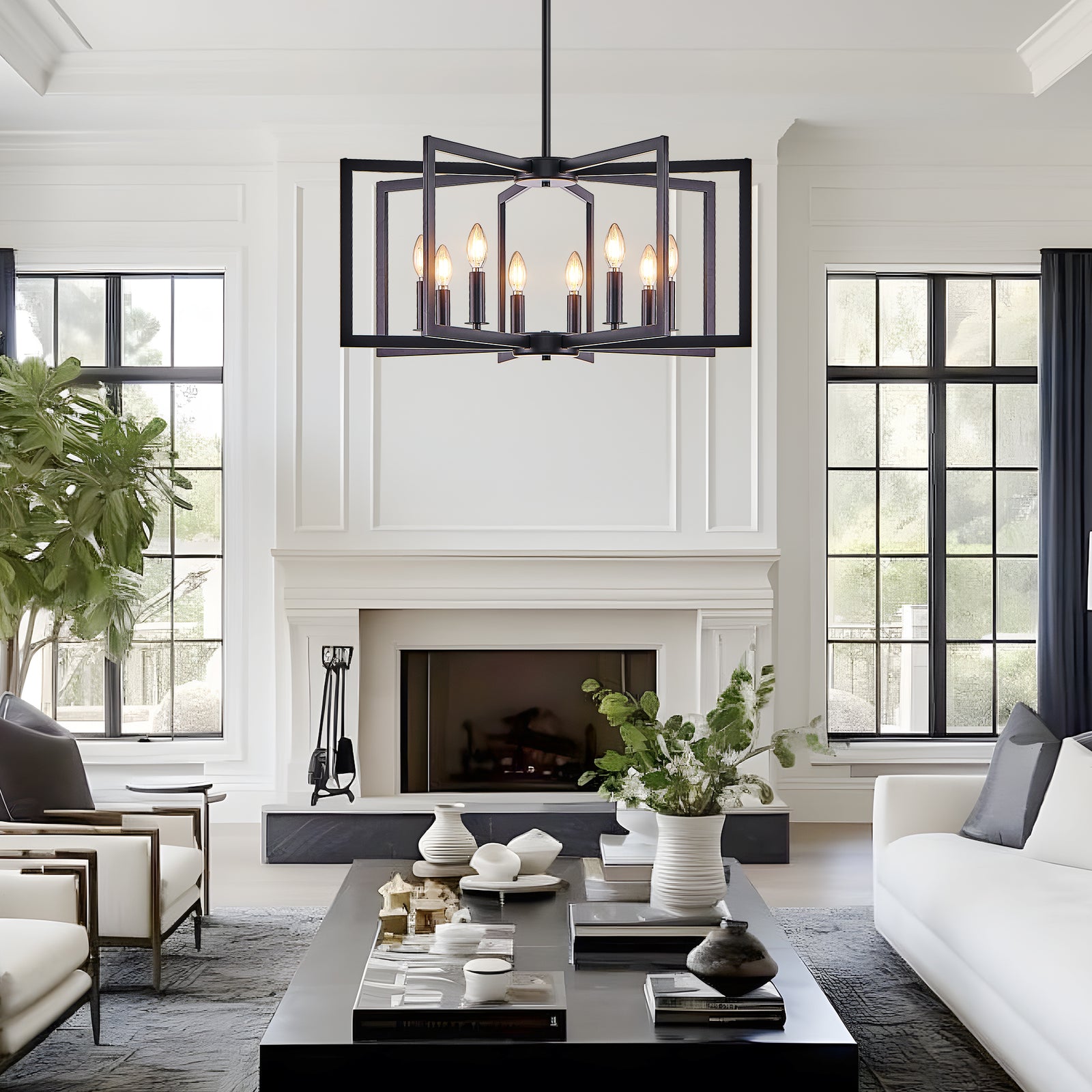 Eight-Light Black Geometric Metal Chandelier for Restaurant Dining Tables, Lounge Seating, and Statement Interior Illumination — view 2