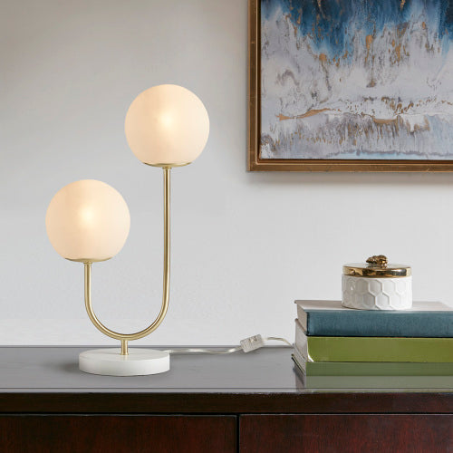 Modern Gold & White Globe Table Lamp — Two-Light Restaurant Accent — view 1