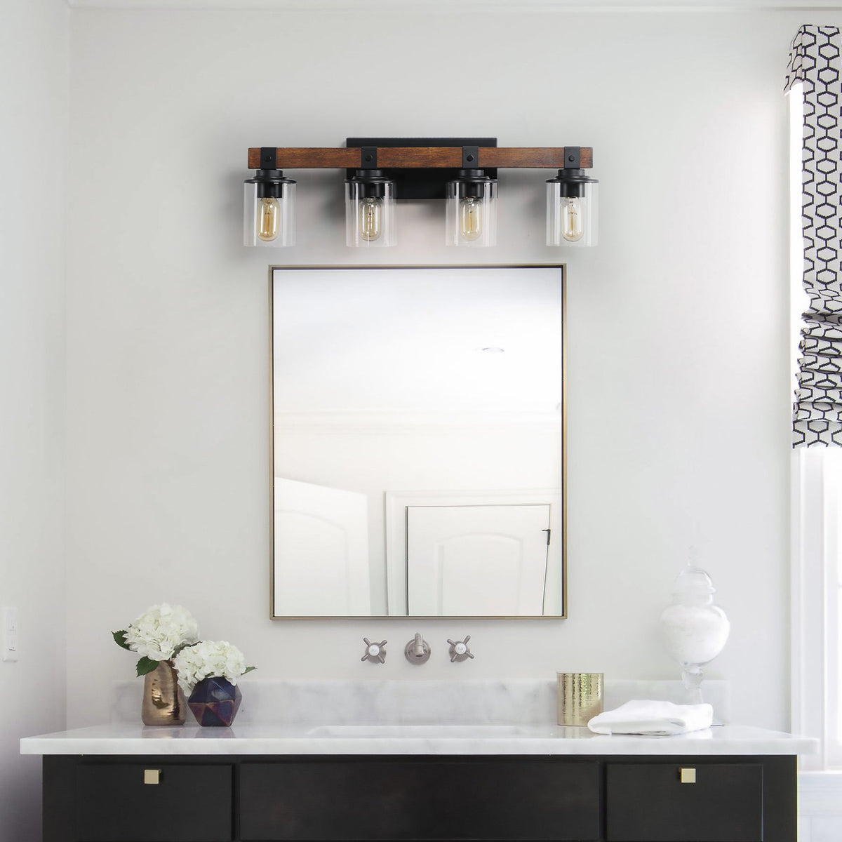 Rustic 4-Light Glass and Wood Vanity Sconce for Restaurant Restrooms