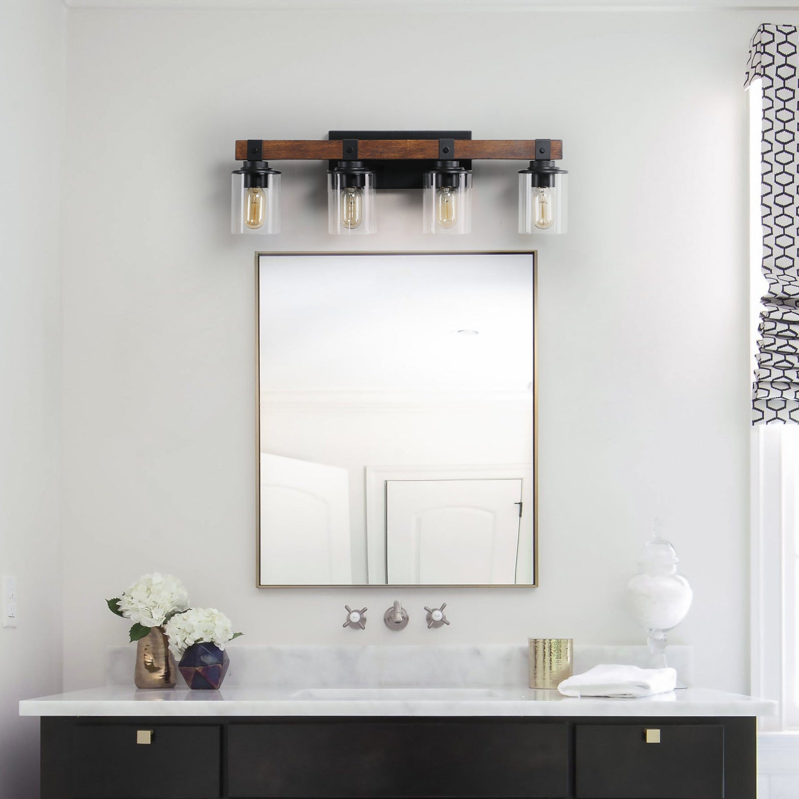 Rustic 4-Light Glass and Wood Vanity Sconce for Restaurant Restrooms — view 1