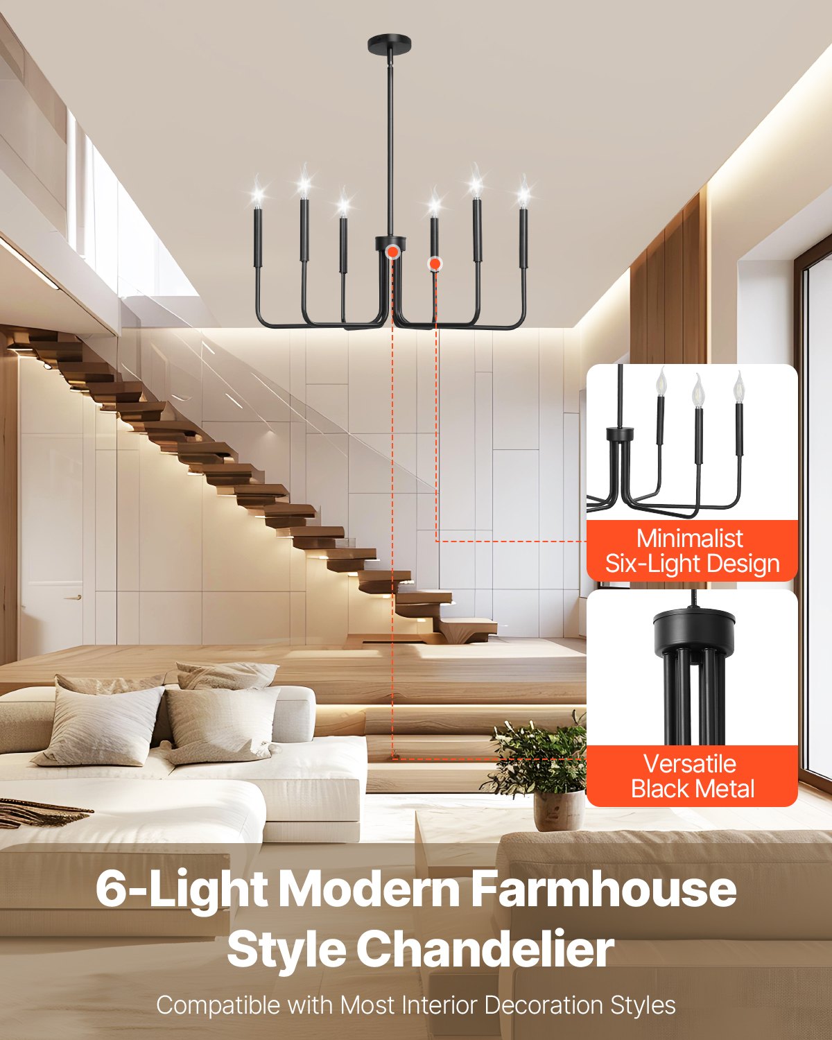 6-Light Black Farmhouse Chandelier — Restaurant Dining — view 4