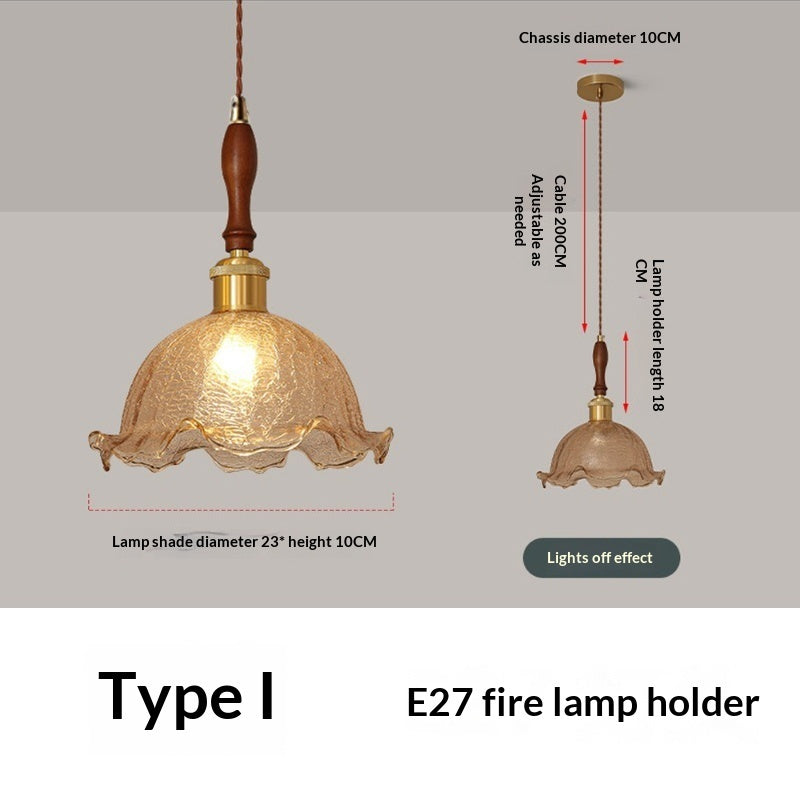 Nordic Retro Restaurant Chandelier Walnut Wood French Brass Glass Pendant Light — view 12