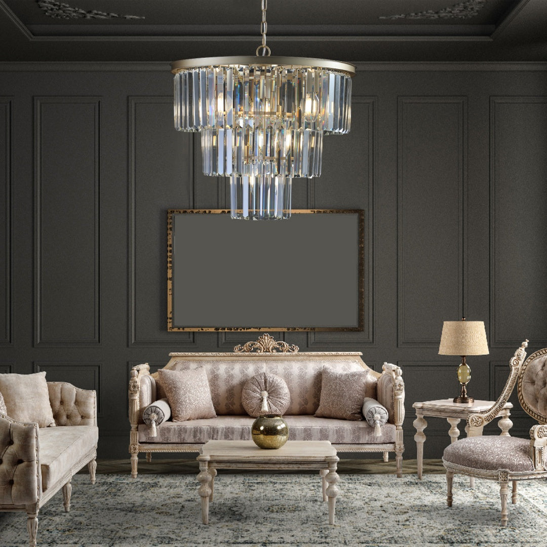 7-Light Gold 3-Tier Crystal Chandelier for Restaurant Dining Rooms — view 1