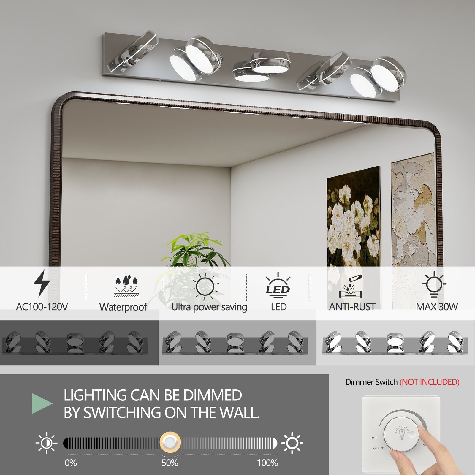 35-Inch Chrome 5-Light LED Vanity Bar for Restaurant Restrooms and Bar Mirrors — view 4