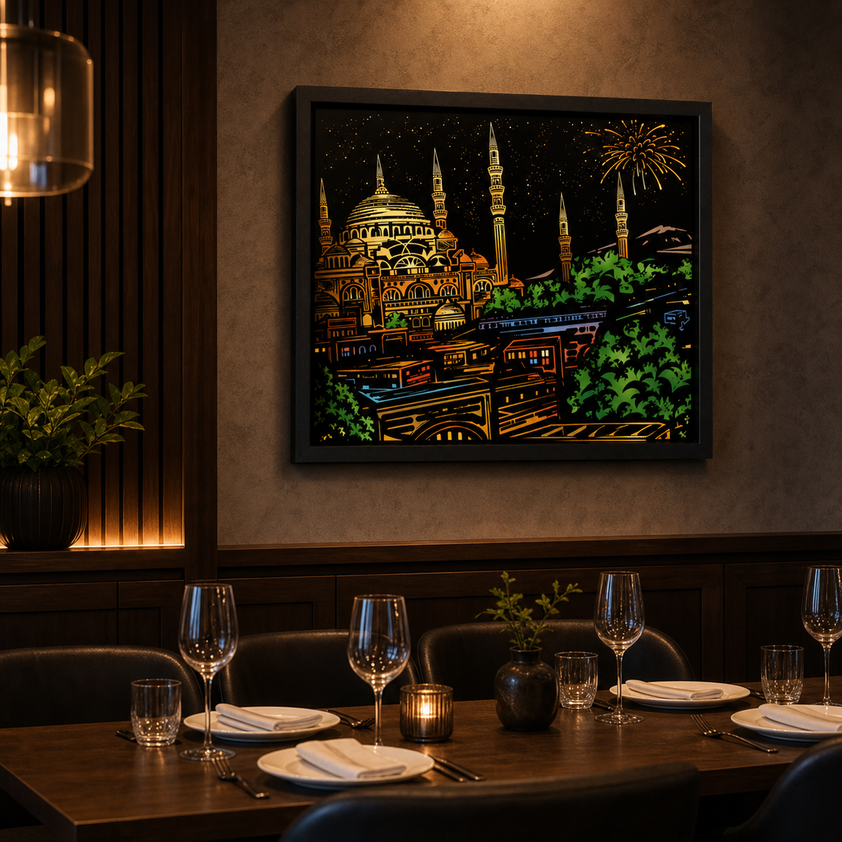 Resto Glow AI product image 2026-08-03 — restaurant view — City Night Scene Restaurant Wall Art