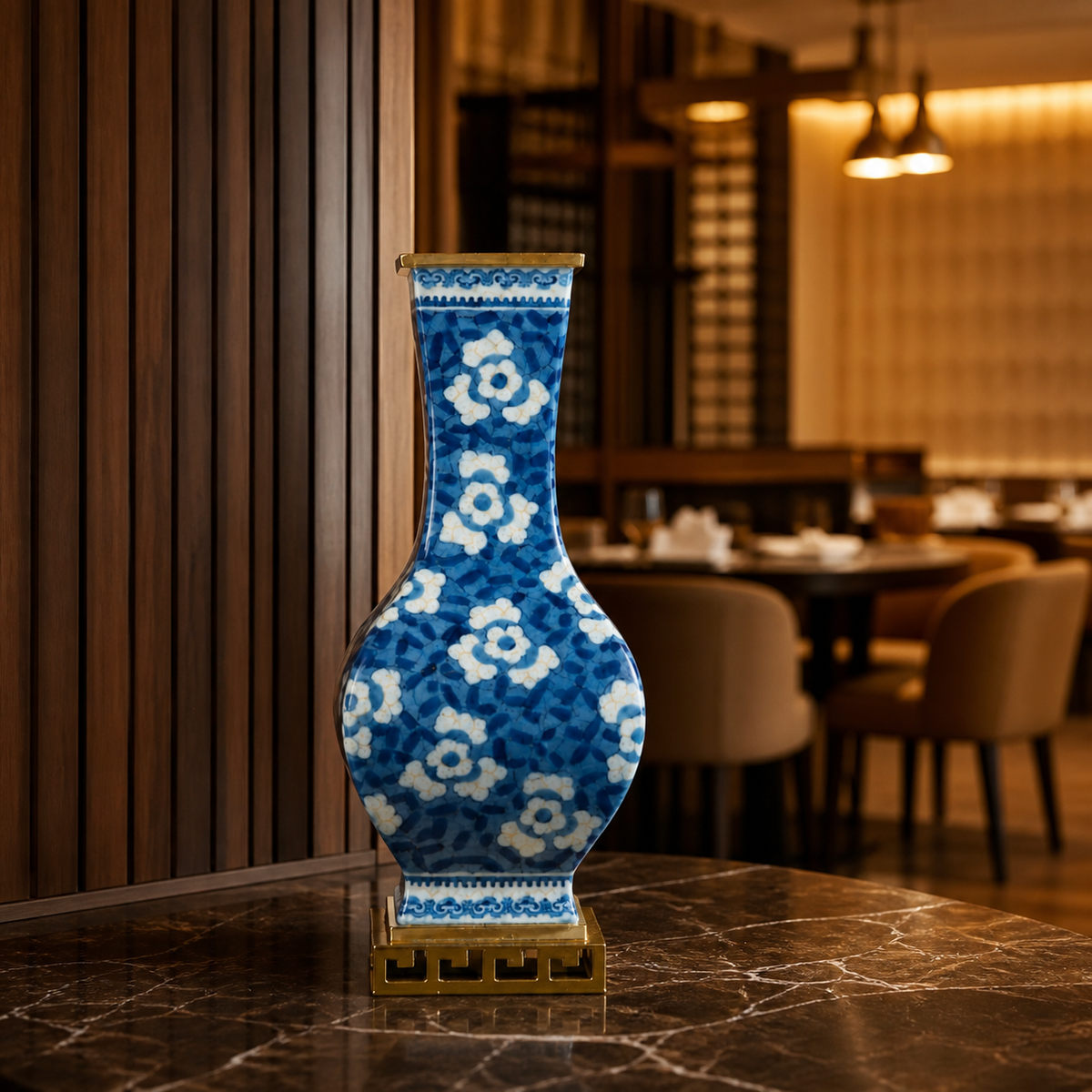 Resto Glow AI product image 2026-08-03 — restaurant view — Copper-and-ceramic Classical Blue-and-white Porcelain Vase