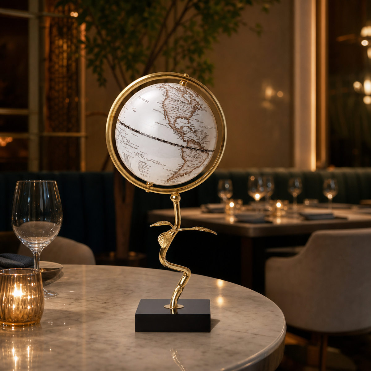 Resto Glow AI product image 2026-08-03 — restaurant view — Light-Luxury Copper Globe Tabletop Accent