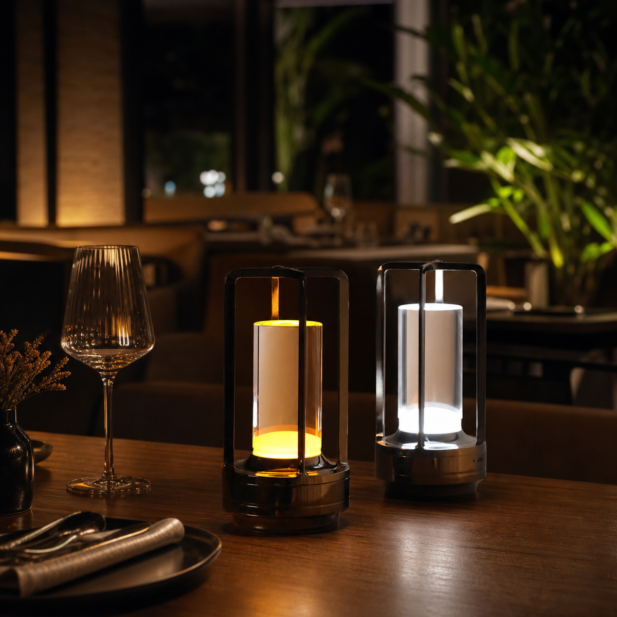 Resto Glow AI product image 2026-08-03 — restaurant view — Cordless 5000mAh Touch Table Lamp for Restaurant Tables