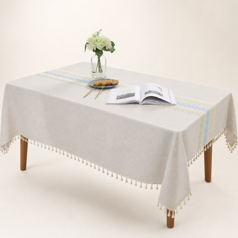 Resto Glow AI product image 2026-08-03 — clean background — Cotton Linen Rectangular Tablecloth With Tassel Square Table Cloth  Dust-Proof Table Cover For Room Decor Restaurant Kitchen Dinning Room Table Cover