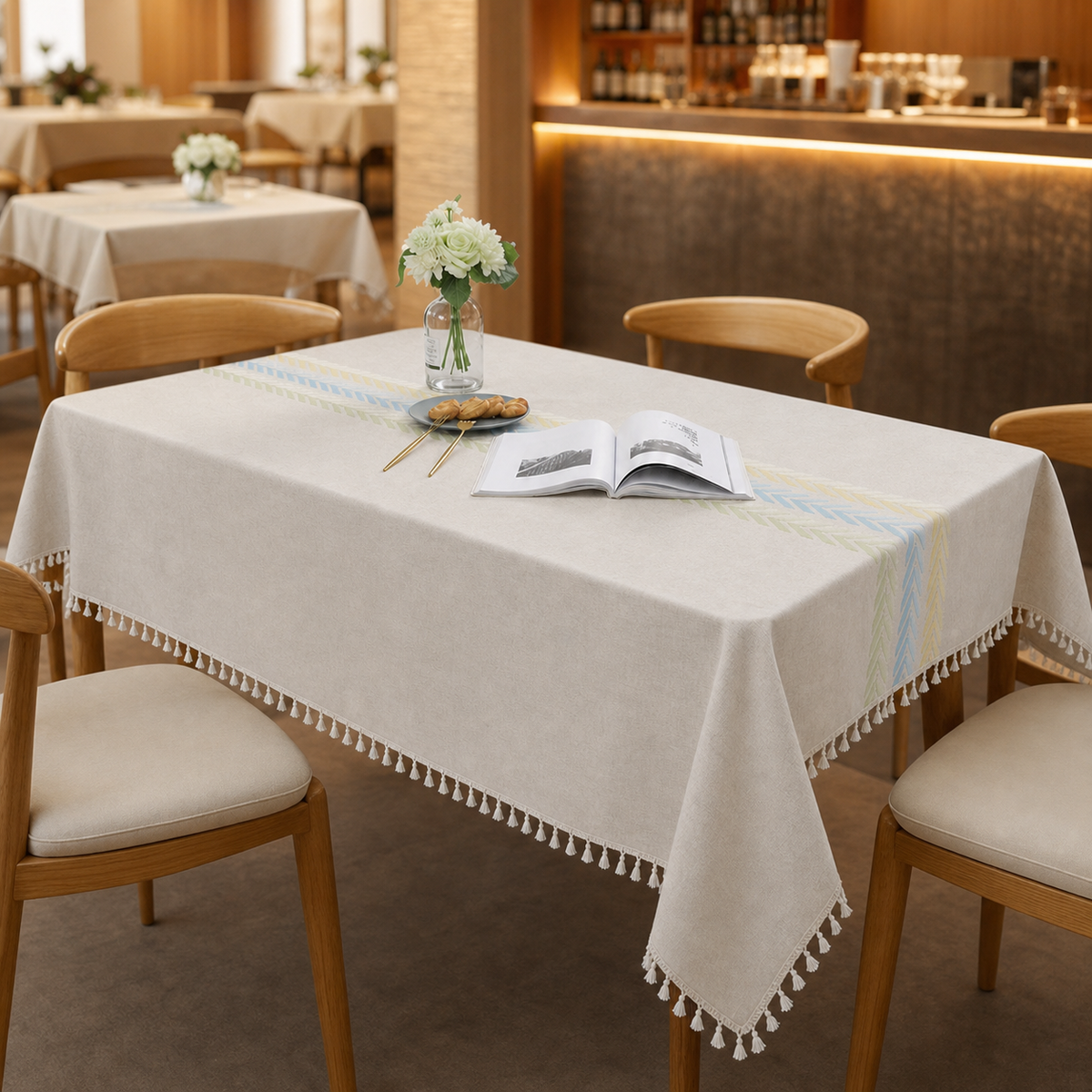Resto Glow AI product image 2026-08-03 — restaurant view — Cotton Linen Rectangular Tablecloth With Tassel Square Table Cloth  Dust-Proof Table Cover For Room Decor Restaurant Kitchen Dinning Room Table Cover