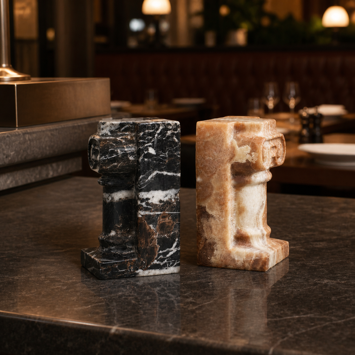Resto Glow AI product image 2026-08-03 — restaurant view — Natural Marble Restaurant Tabletop Sculpture