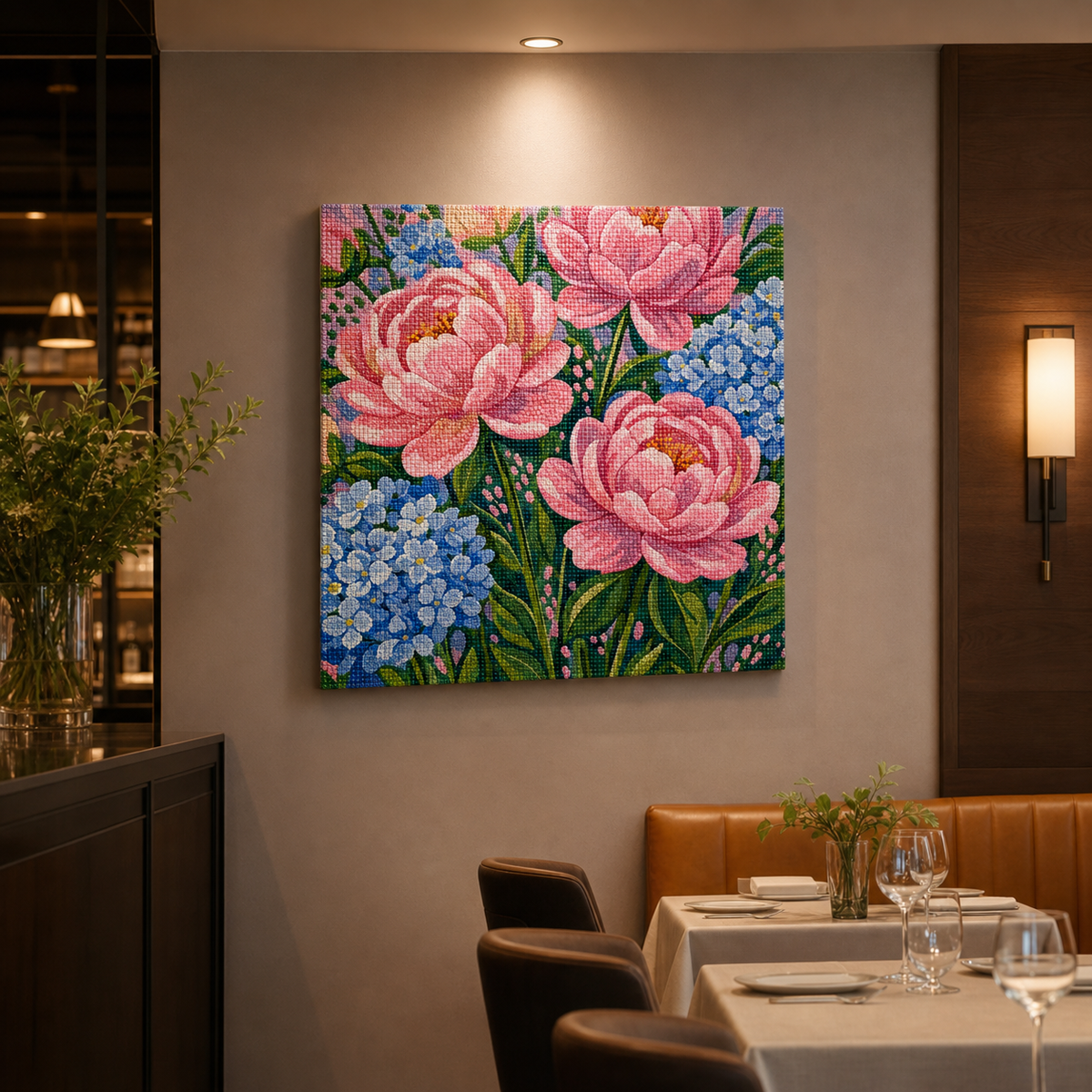 Resto Glow AI product image 2026-08-03 — restaurant view — Diamond-Style Restaurant Wall Art