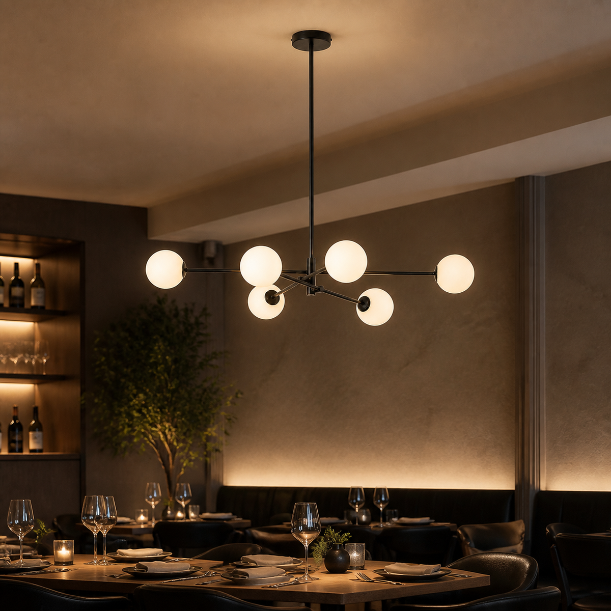 Resto Glow AI product image 2026-08-03 — restaurant view — Minimalist Pendant Light for Restaurants and Bars