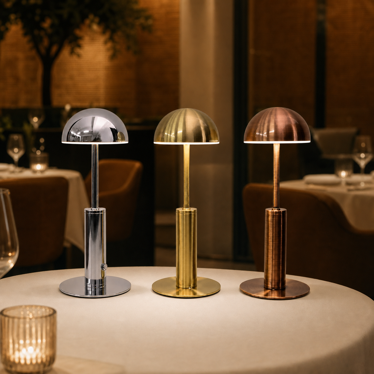 Resto Glow AI product image 2026-08-03 — restaurant view — Cross-Border Led Rechargeable Bar Table Lamp Creative Mushroom-shaped Haircut Decorative Lamp Ambience Light Outdoor Restaurant And Cafe Desk Lamp