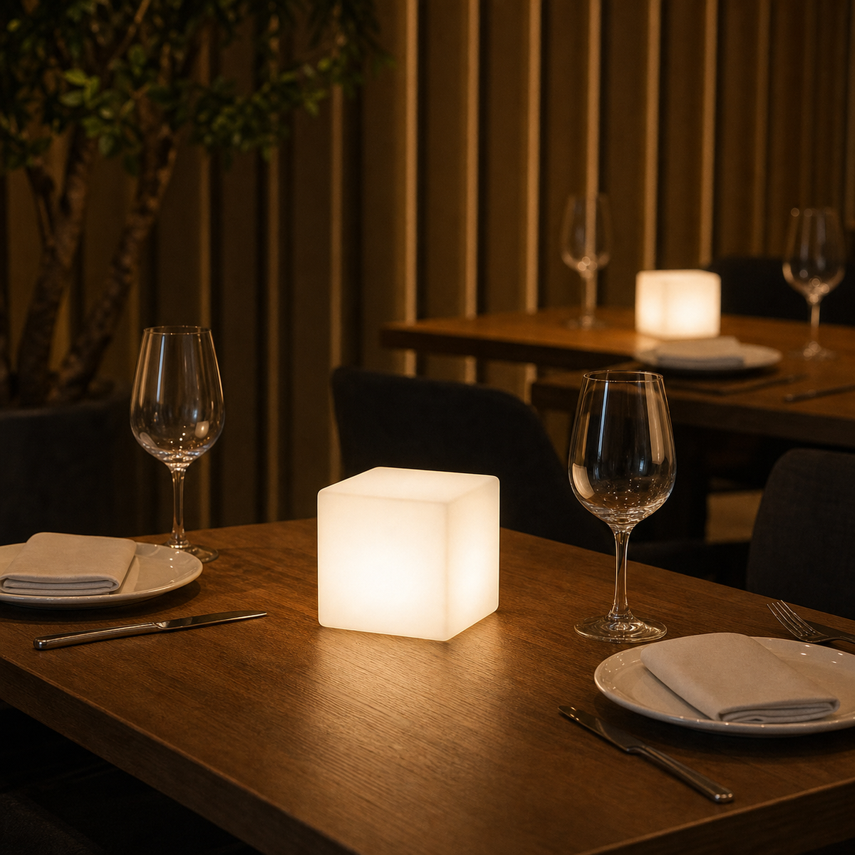 Resto Glow AI product image 2026-08-03 — restaurant view — Cube Restaurant Atmosphere Table Lamp Luminous Square Decorative Table Lamp