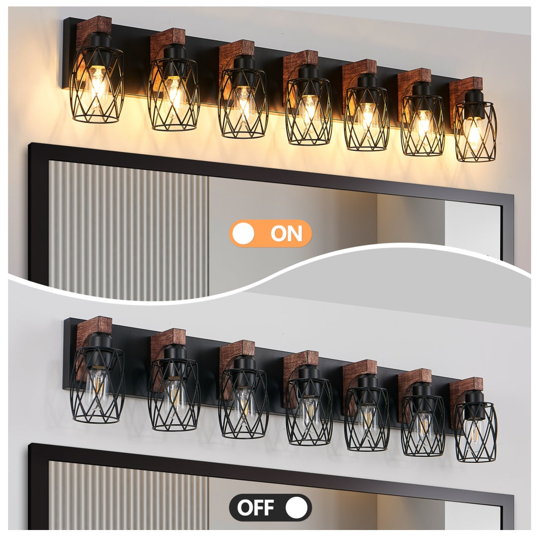 Black Cage 7-Light Wall Sconce with Wood Accents for Restaurant Hallways — view 8
