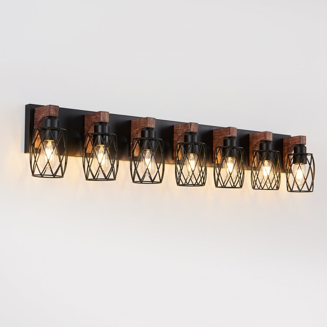 Black Cage 7-Light Wall Sconce with Wood Accents for Restaurant Hallways — view 9