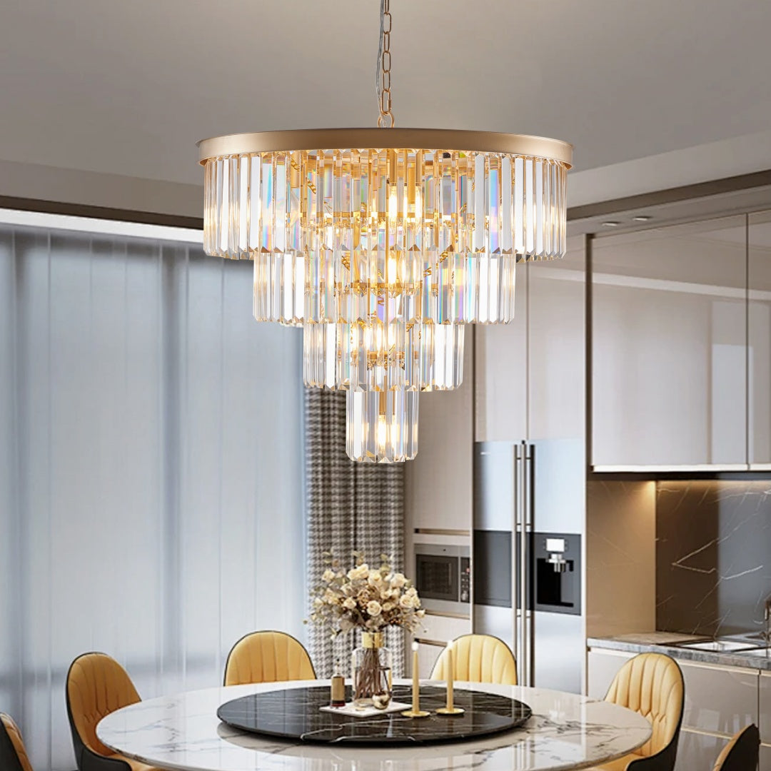 24-Light Four-Tier Golden Crystal Chandelier — Restaurant Dining — view 1
