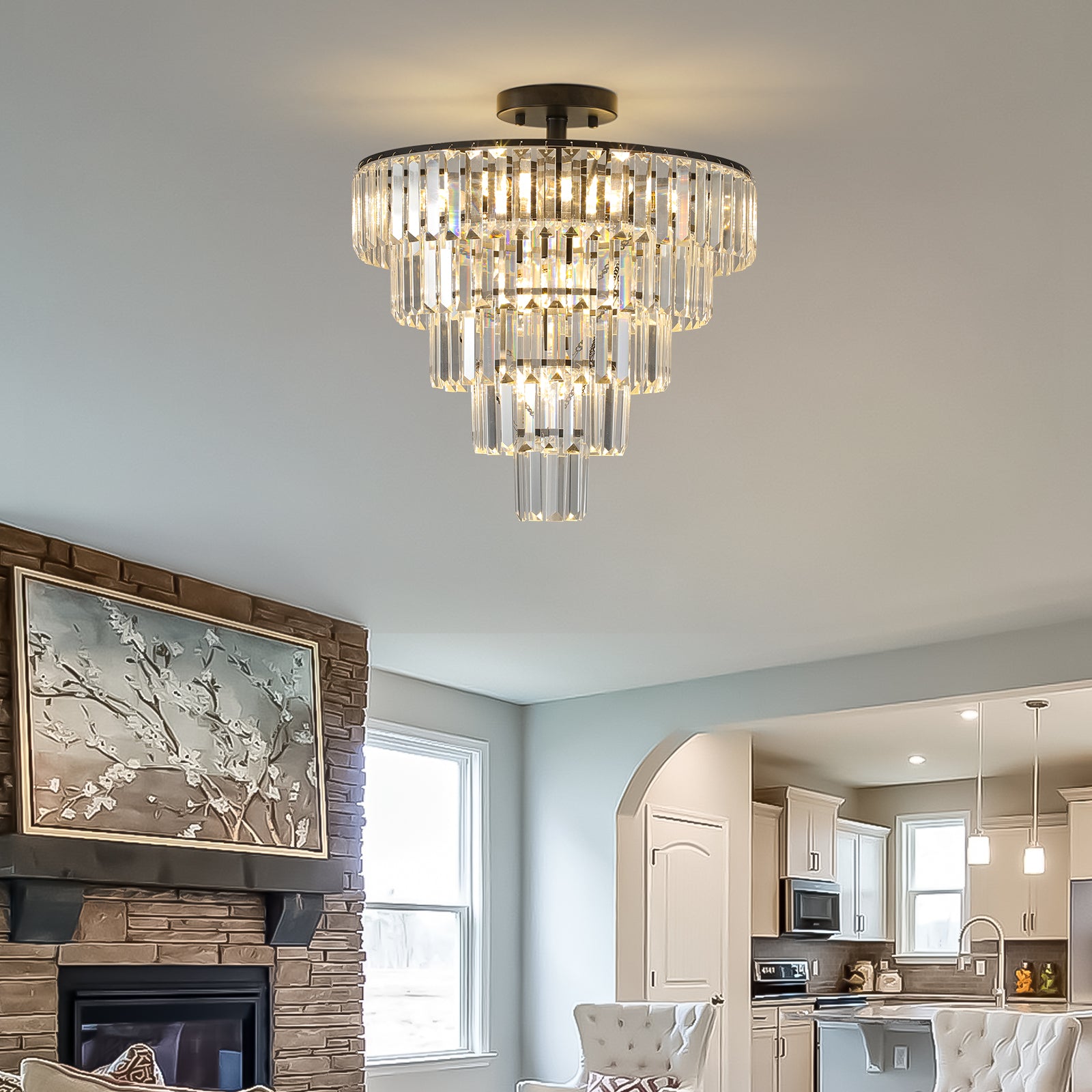 Modern Black 10-Light Crystal Flush-Mount Chandelier for Restaurant Dining Rooms — view 8