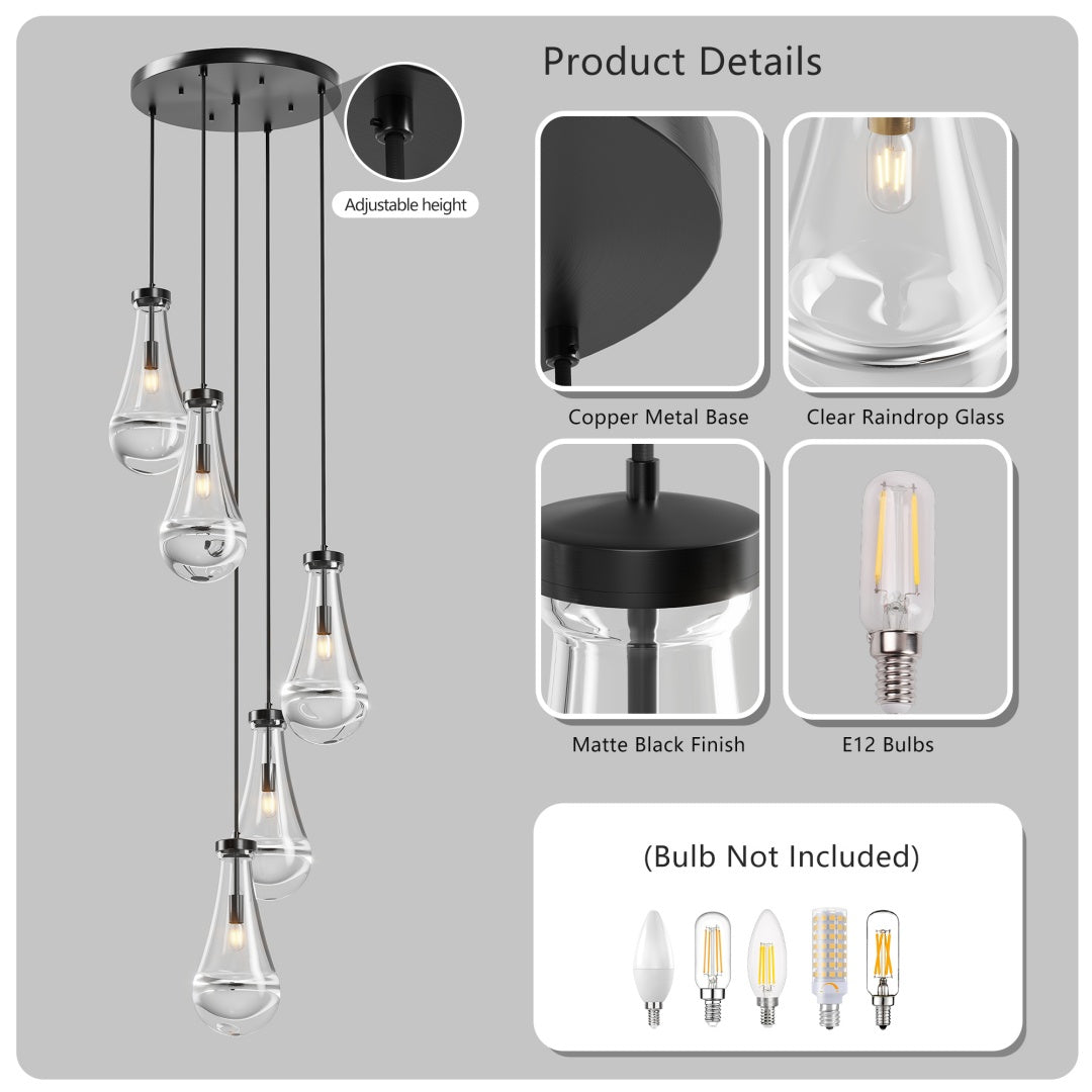 Black 5-Light High-Ceiling Cluster Chandelier for Restaurant Dining Rooms — view 6