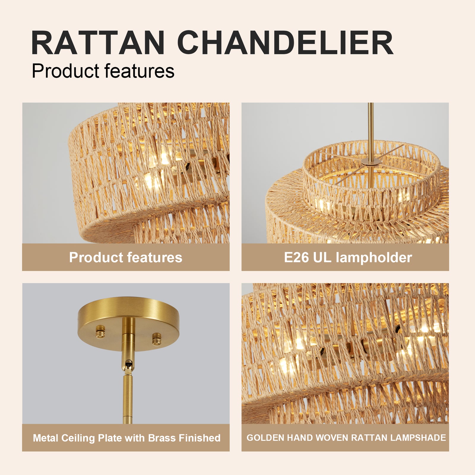 17.7-Inch Brown Rattan 4-Light Chandelier — Restaurant Dining — view 3