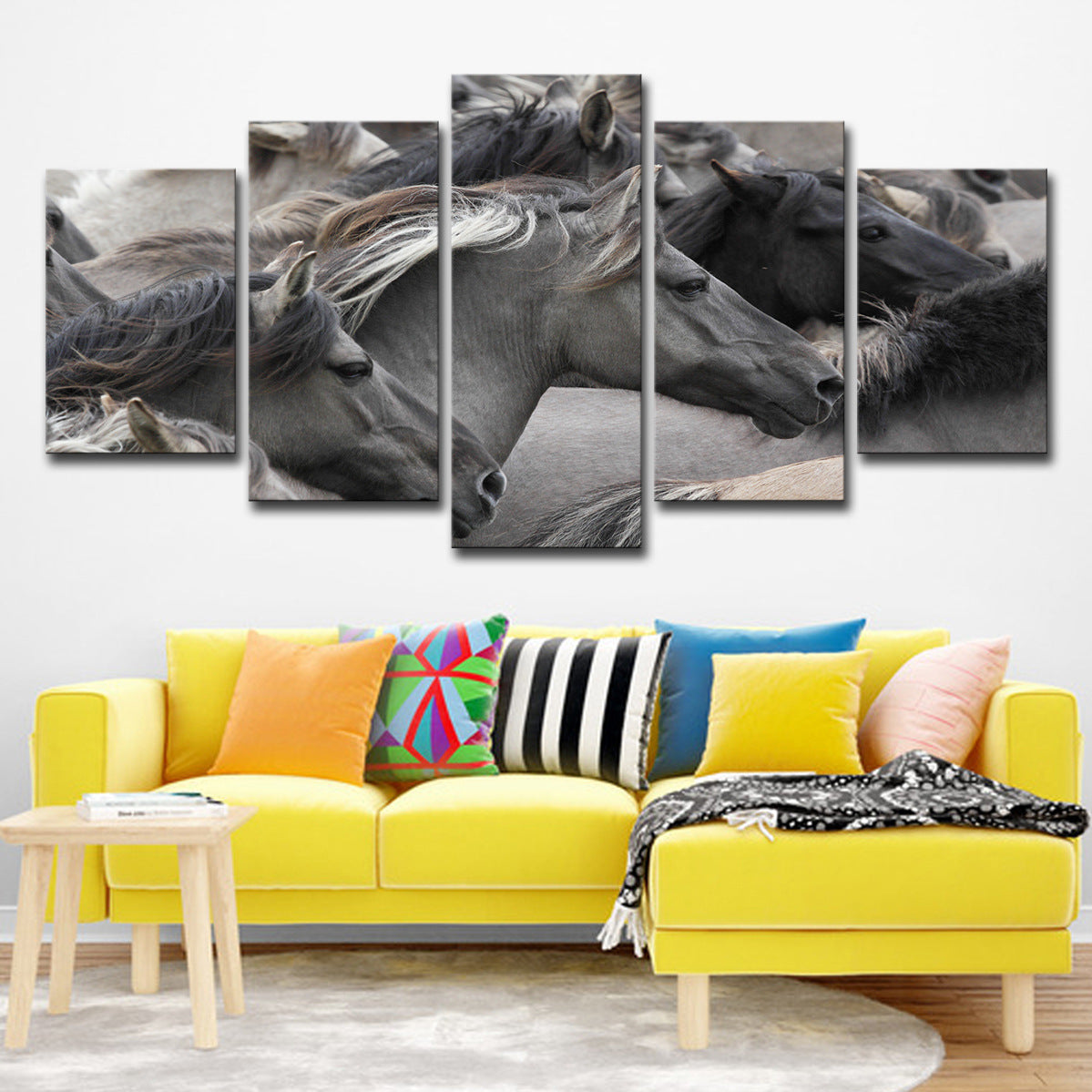 5-piece Grey And Black Horse Group Wall Art For Living Room And Bedroom Home Decor — view 3