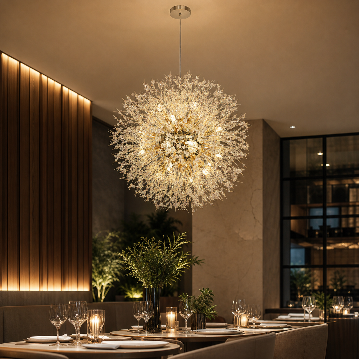 Resto Glow AI product image 2026-08-03 — restaurant view — Dandelion Crystal Chandelier for Restaurants and Hotels