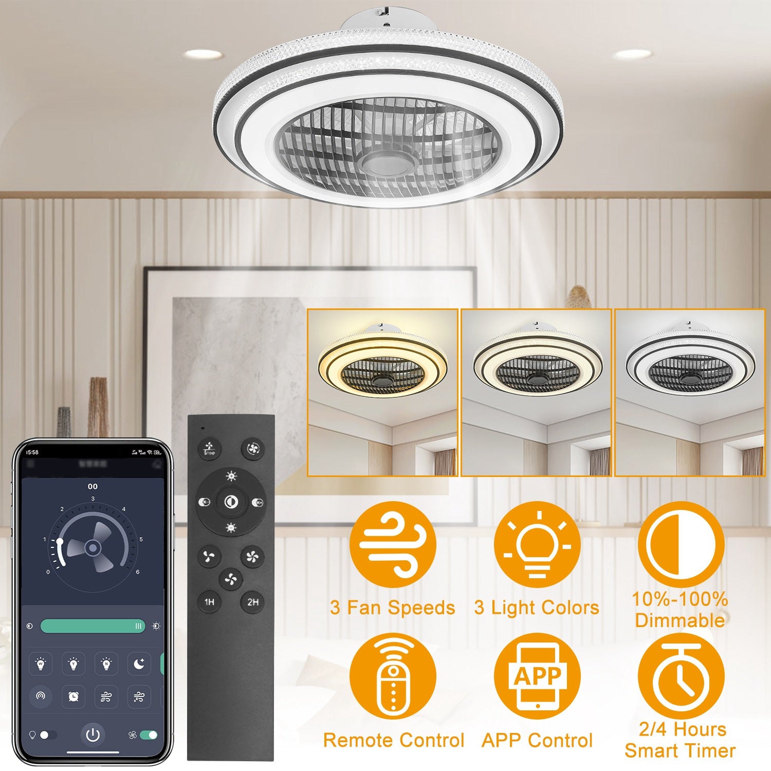 20.5-Inch Black Ceiling Fan with 30W LED — Restaurant Dining — view 5