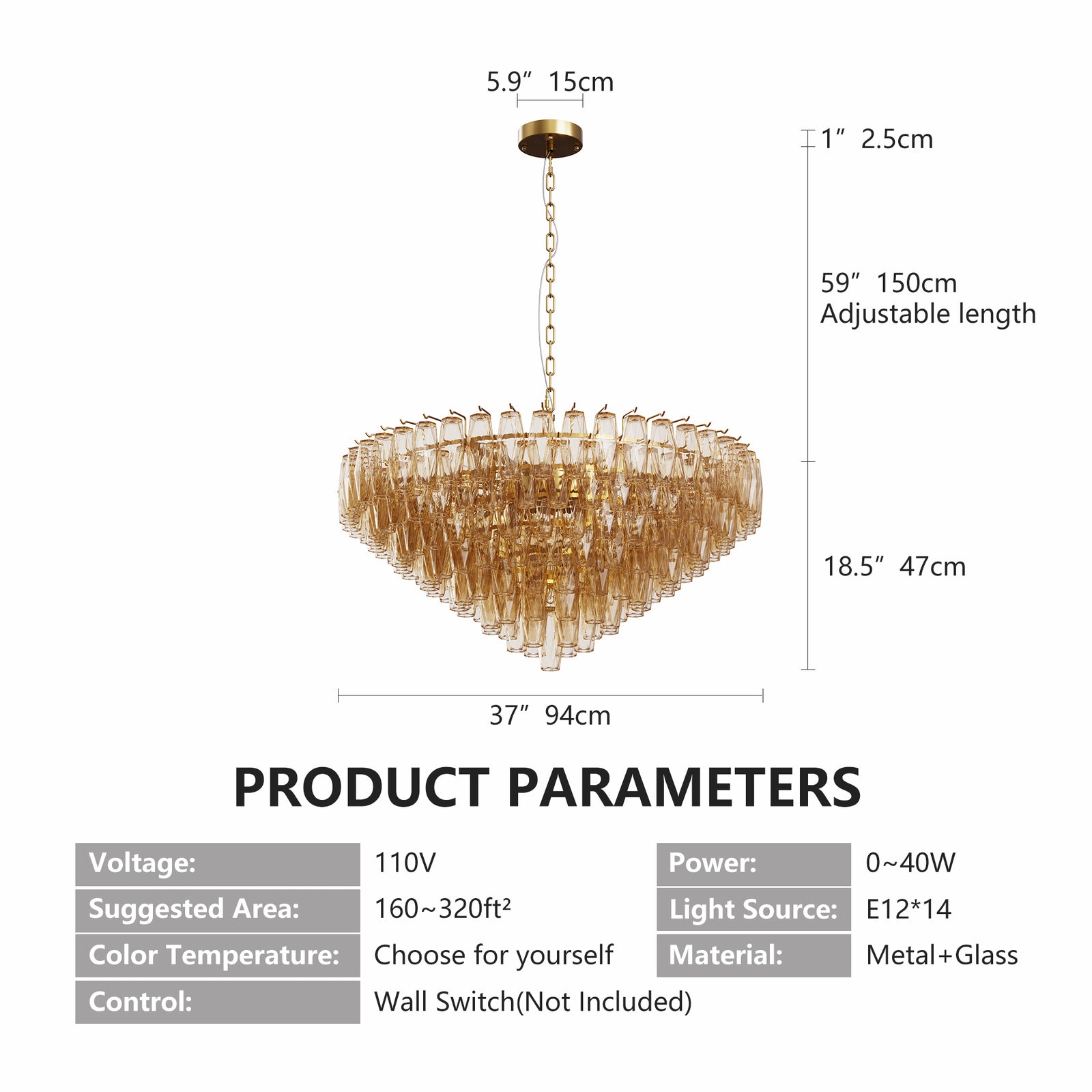 37-Inch 14-Light Gold Smoke-Glass Chandelier for Restaurant Dining Rooms and Hotel Lobbies — view 7