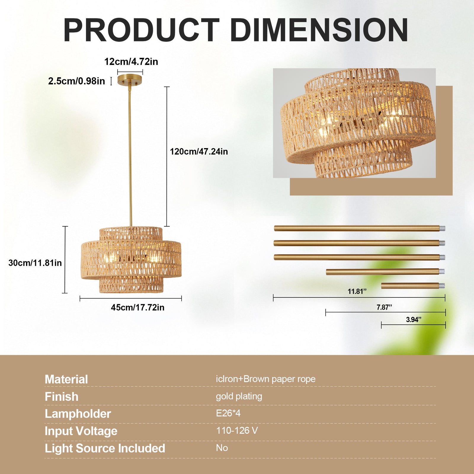 17.7-Inch Brown Rattan 4-Light Chandelier — Restaurant Dining — view 8