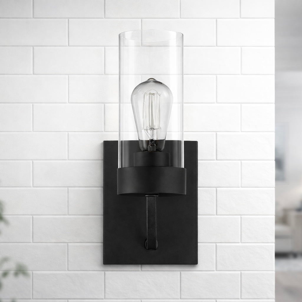 Black Metal + Clear Glass Wall Sconce — Restaurant Corridor Light — view 3