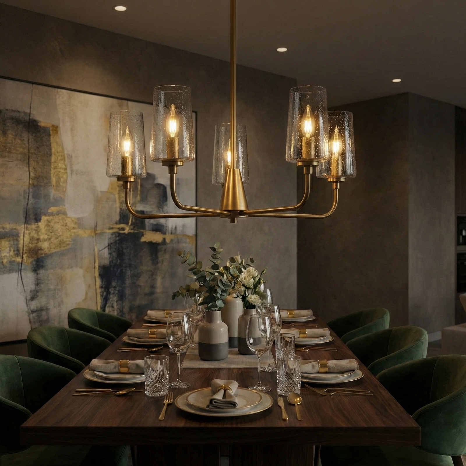 Satin Brass 5-Light Seeded Glass Chandelier for Restaurant Dining Areas — view 1
