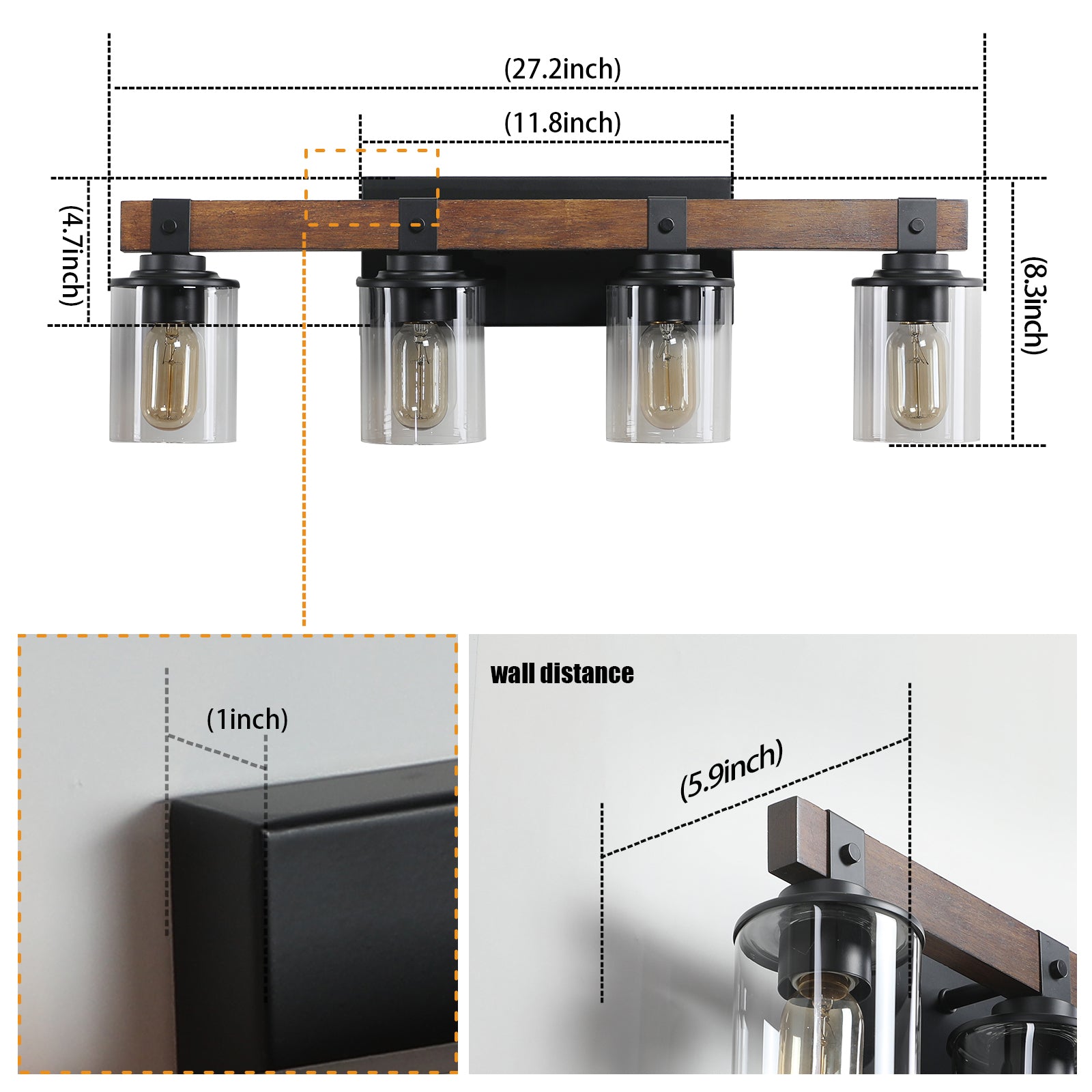 Rustic 4-Light Glass and Wood Vanity Sconce for Restaurant Restrooms — view 2
