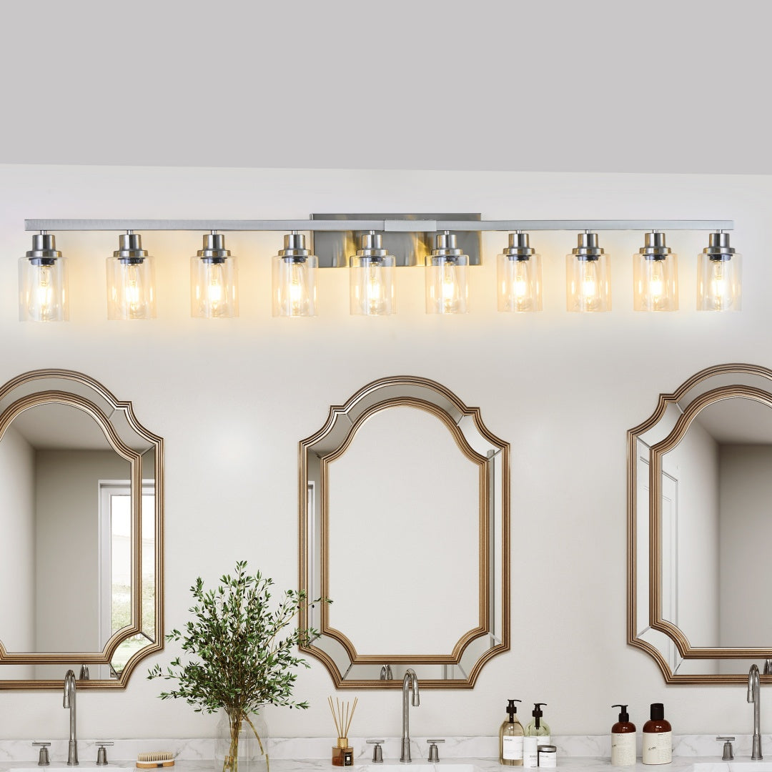 Brushed-Nickel 10-Light Clear-Glass Vanity — Restaurant Washroom — view 10