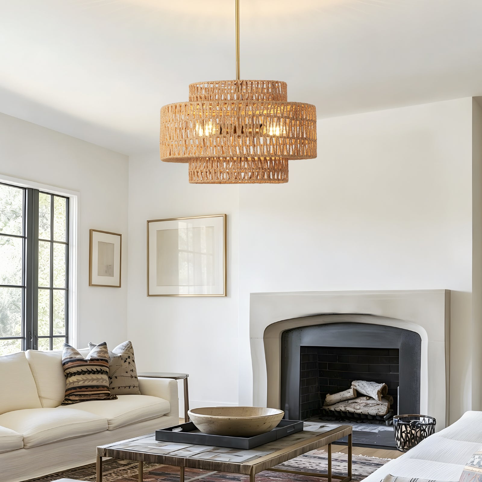 17.7-Inch Brown Rattan 4-Light Chandelier — Restaurant Dining — view 7